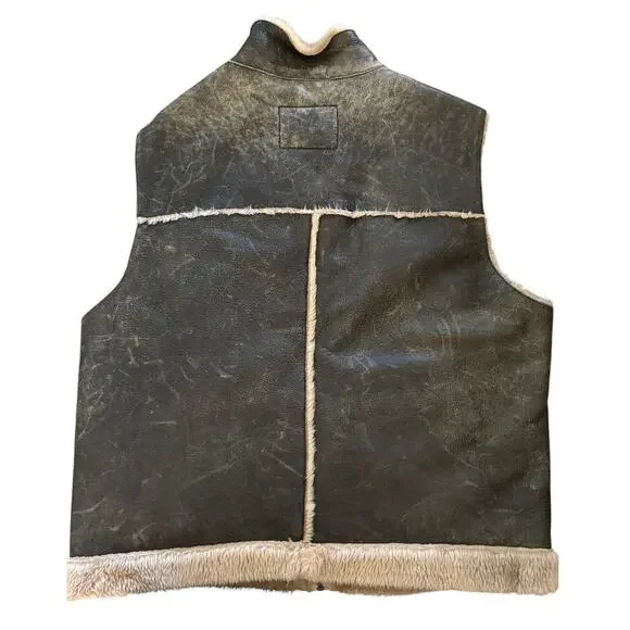 Vintage Guess Distressed Leather Vest Mens XL Front Zip Faux Fur Lined Western